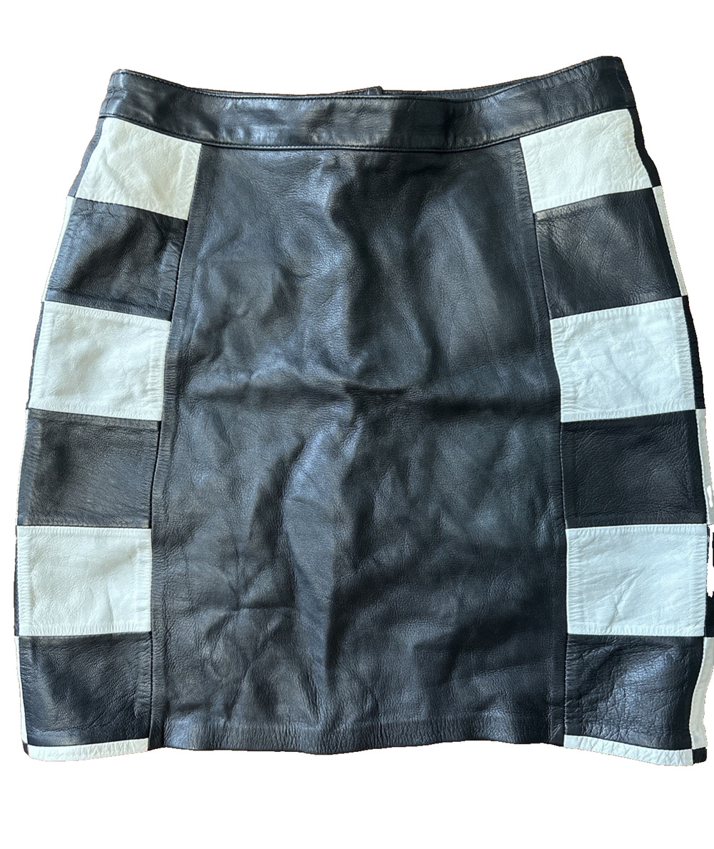 Vintage 80s 90s Rafaell Los Angeles Leather Skirt 11/12 Black White Colorblock